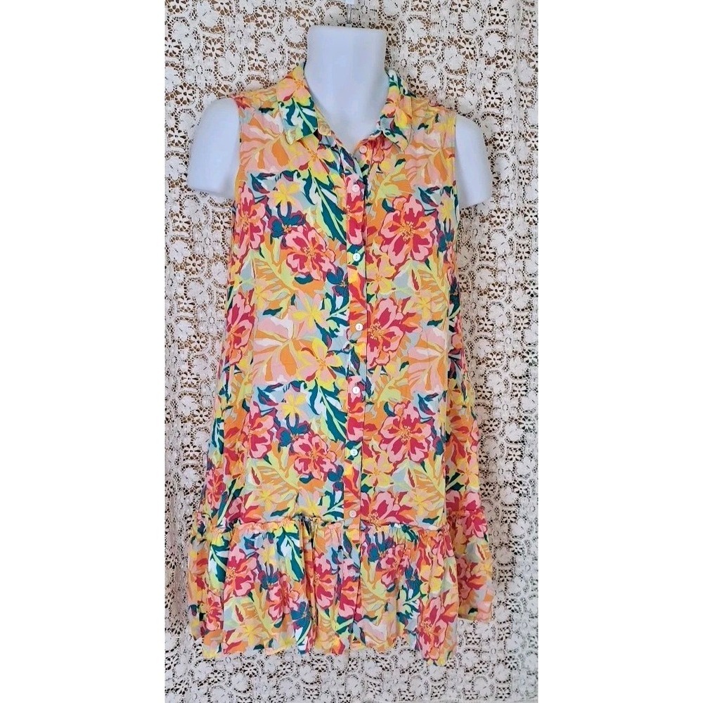 Time And True Dress L Multi Floral Sleeveless‎ Button Up Beachy Boho Resort Wear